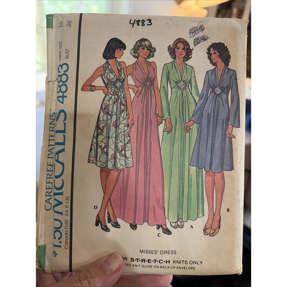 Vintage 1975 McCalls Dress Sewing Pattern 4883 Size 16 Uncut 70s Maxi Midi